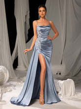 Elegant Evening Gown with Thigh-High Slit & Intricate Embroidery Access – Satin Bodycon Dress for Red Carpet, Gala Dinners & Luxury Weddings, XS-XL